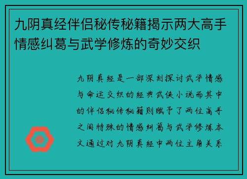 九阴真经伴侣秘传秘籍揭示两大高手情感纠葛与武学修炼的奇妙交织